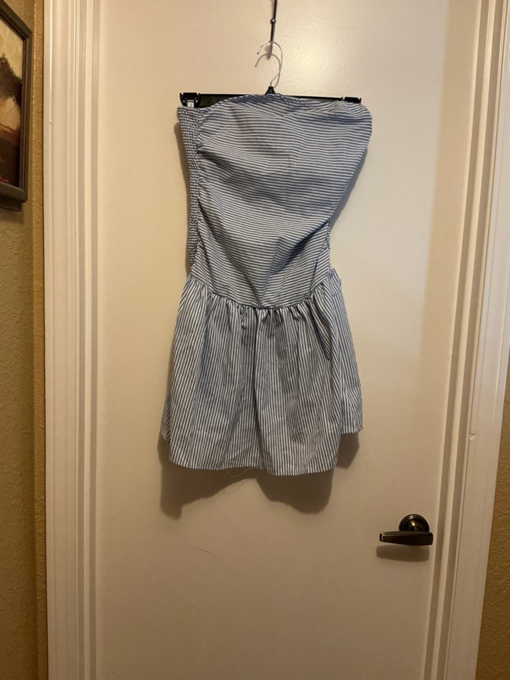 Striped Strapless Mini Dress in Light Blue and White